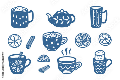 Elegant Beverage Delights: A stylish collection of charming, blue-toned illustrations capturing the simple pleasures of tea and coffee culture, alongside fragrant cinnamon and zesty citrus accents.