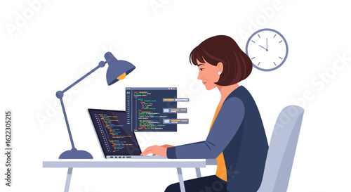 Dedicated female coder works on laptop at desk, displaying complex code at office, managing time well, promoting efficiency, productivity and modern