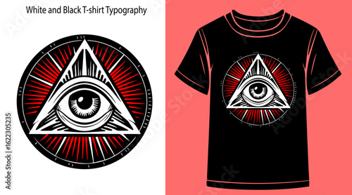 Illuminati All-Seeing Eye Pyramid T-Shirt Design with Bold Typography and Mockup Artwork.