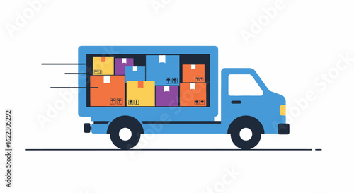 Vibrant Delivery Truck Illustration Conveying Swift Logistics and Package Transportation Efficiency with Assorted Boxes Showing Reliable Shipment