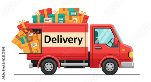 Vibrant Red Delivery Truck Bursting with Colorful Gift Boxes for Express Services, Ensuring Joyful and Speedy Package Transport, Delivering