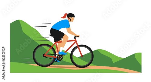 Female cyclist enjoying a speedy ride through rolling green hills, wearing protective helmet, embracing outdoor recreation and fitness during an