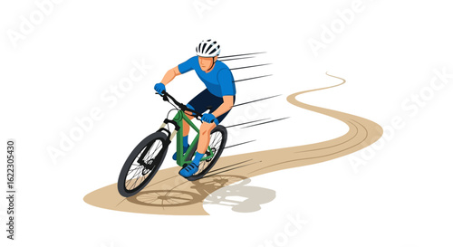 Dynamic mountain biking illustration emphasizing speed and skillful maneuverability conveying adventure sports and the active lifestyle with cyclist