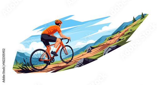 Cyclist conquering mountainous terrain with an orange bike under blue skies adventure outdoor challenge exploring uphill journey