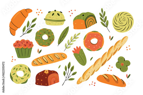 Bakery Delights: A vibrant array of bakery goods, from flaky croissants to rustic loaves, offering a feast for the eyes with an artful arrangement of pastries and bread. 