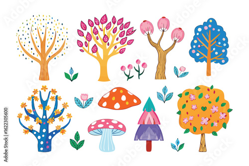 Whimsical Forest Illustration: A vibrant illustration of an imaginary forest, showcasing an array of colorful trees and charming floral and fungal elements in an appealing, artistic design.