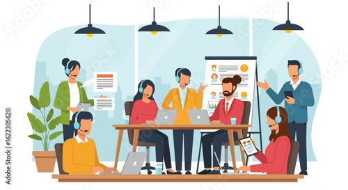 Illustrated customer service team collaborating in a modern office setting showcasing professionalism and teamwork in a vibrant and dynamic work