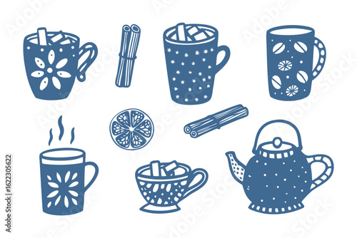 Cozy Culinary Delight: A collection of charming hand-drawn mugs and a teapot, each filled with comforting ingredients like cinnamon sticks and slices of oranges, evoking a sense of warmth.