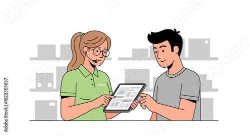 Online shopping experience with saleswoman and customer using tablet in a retail environment providing guidance and customer service resulting in a