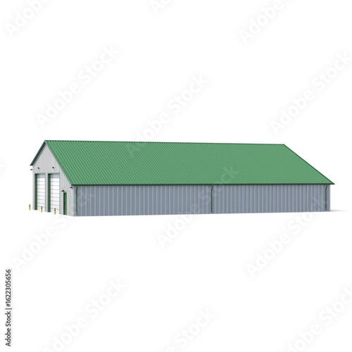 Large metal warehouse building with green roof, isolated on transparent background


