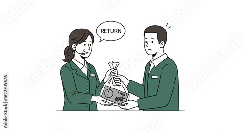 Illustration of a Customer Returning an Item to a Service Representative in a Store Setting Portraying Post-Purchase Customer Service Experience