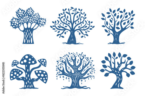 Artistic Arboreal Array: A collection of six intricately designed illustrations showcases various tree styles, each exuding unique artistic flair and natural elegance.