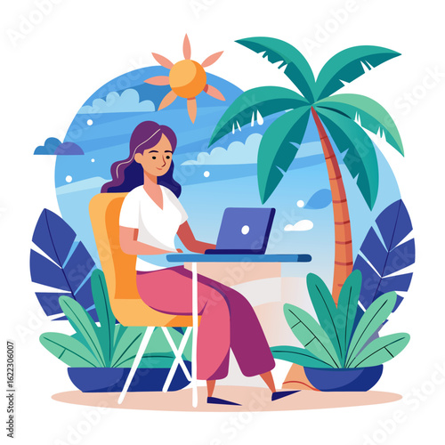 Confident woman boss working remotely on laptop at tropical location, businesswoman in casual wear, remote work, digital nomad
