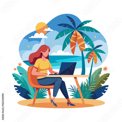Confident woman boss working remotely on laptop at tropical location, businesswoman in casual wear, remote work, digital nomad