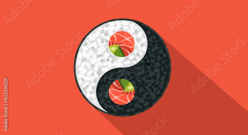 Yin and Yang Sushi Roll Design with Salmon and Rice