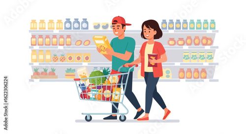 Young couple shopping for groceries, inspecting product nutrition in supermarket aisle filled with various consumer goods cartoon illustration