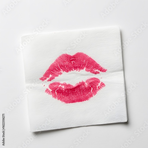 Lipstick kiss imprint on a white square napkin, isolated on a white background, for themes of affection.