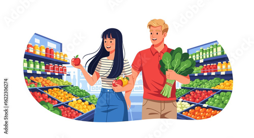 Couple thoughtfully selecting fresh produce and groceries in vibrant supermarket aisle setting,promoting healthy eating habits and lifestyle choices