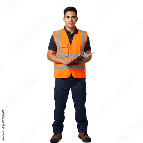 Worker in safety vest taking notes with pen and clipboard. Industrial professional standing on white backdrop.