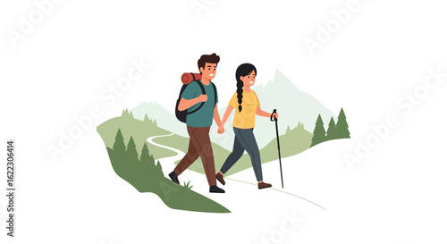 Couple enjoying a scenic trek through mountains, embracing the natural beauty of outdoor adventures, together creating lasting memories