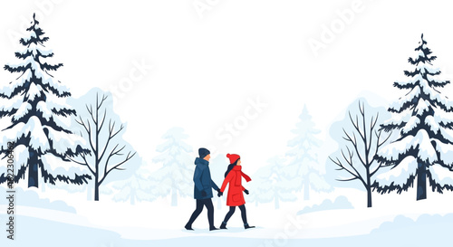Romantic winter stroll: A couple enjoys a peaceful walk through a snowy forest wonderland embracing the serenity of the season