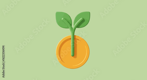 Cartoon coin with a green sprout emerging, symbolizing financial growth and investment
