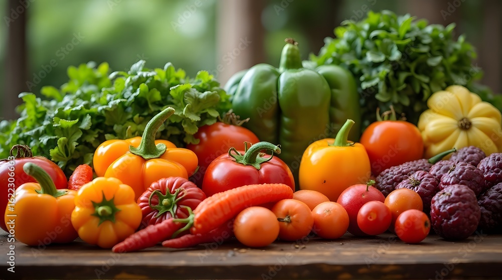 Vibrant Assortment of Fresh Vegetables and Greens on a Wooden Surface Vibrant Assortment of Fresh Vegetables and Greens on a Wooden Surface