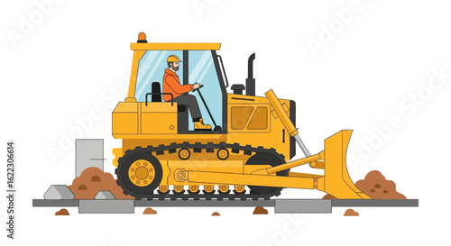 Vivid portrayal of yellow bulldozer at work showcasing industrial progress and construction machinery in motion isolated against a clean backdrop