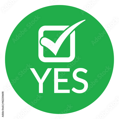 Modern green circle with bold white check mark above the word "YES" in sans-serif font. Flat, minimalist design with high contrast, conveying clear positive affirmation.