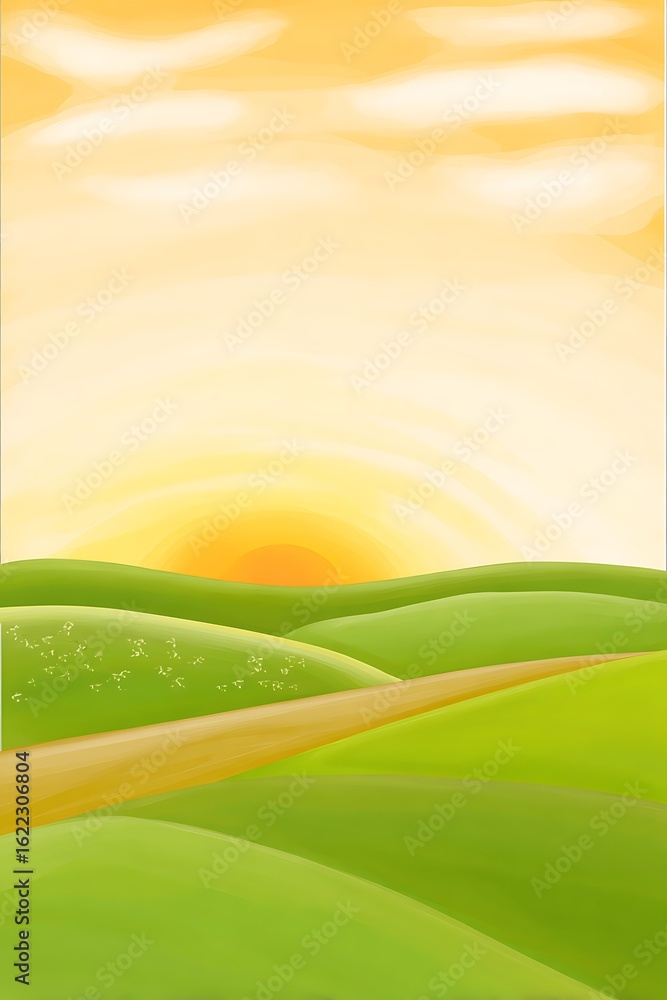 Obraz premium Green fields with sunset illustration style