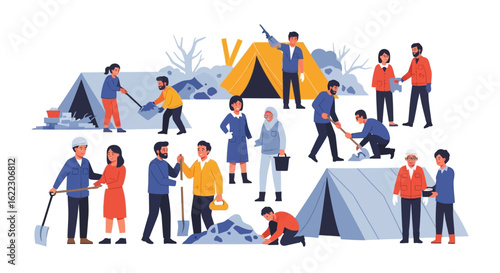 Vector illustration showcasing community volunteers providing disaster relief in a temporary camp setting