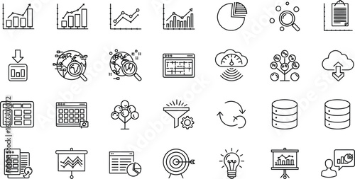 Comprehensive set of business and marketing icons in outline style, perfect for presentations, reports, and visual aids to enhance understanding