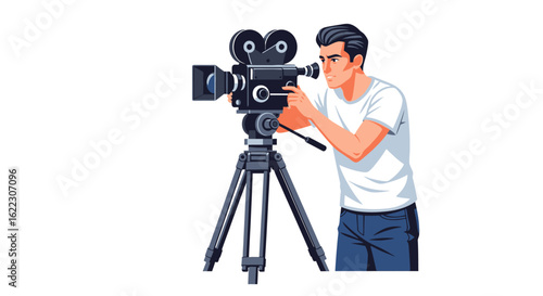 Film Production: A Cinematographer in Action with Classic Camera and Tripod setup in a vector illustration