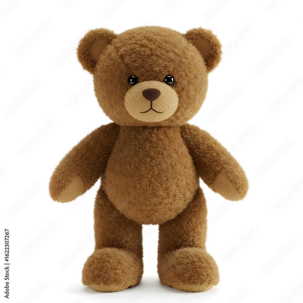 Fototapeta premium A fluffy brown teddy bear with black eyes and a brown nose stands on a white background, looking forward.