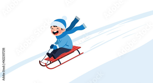 Joyful child riding a sled downhill on a snowy day, vector illustration of winter fun activity for kid, cheerful holiday scene, isolated winter scene