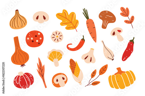 Autumn harvest: A colorful arrangement of various autumn harvest ingredients, depicting the season's bounty, ideal for culinary and seasonal designs. 