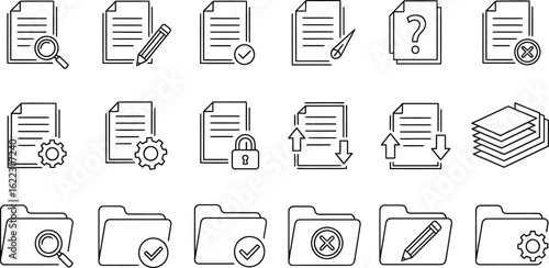 Document and folder icon set, featuring file management, search, configuration, security, upload, download, and data storage
