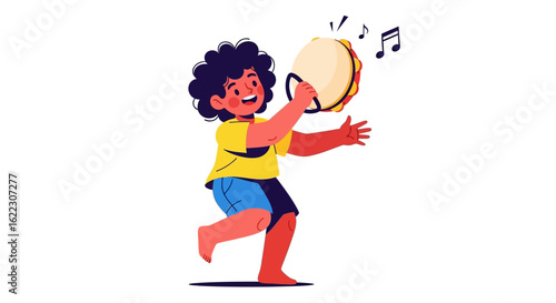 Enthusiastic young musician playing the tambourine with joy and energy in a playful illustration style