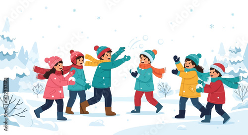 Joyful winter snowball fight illustration featuring happy children playing outdoors in snowy landscape illustration