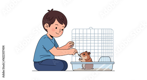 A Boy's Gentle Connection: Sharing a Treat with a Pet Hamster in its Cage Drawn Style Illustration