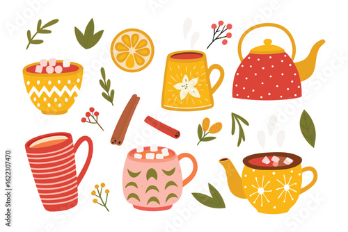Warm Beverage Collection: A cheerful assortment of cups, mugs, teapots and a slice of orange, all filled with steaming beverages. Displaying the coziness and simplicity of the winter time.