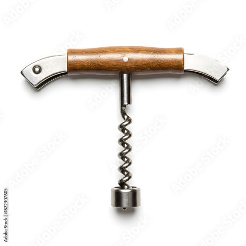 A stainless steel wine opener with a wooden handle lies horizontally against a white background.