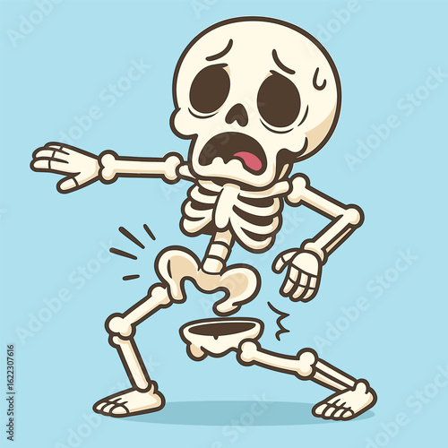 Comical Cartoon Skeleton Attempting Floss Dance, Hips Detaching Mid-Move with Silly Failure Expression