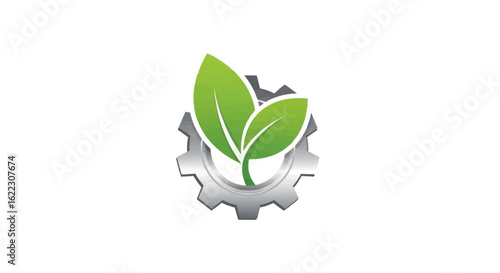 Green Leaves Sprouting from a Metallic Gear Logo