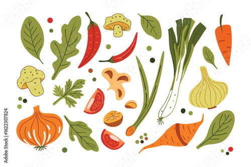 Vegetable assortment: A vibrant collection of fresh, colorful vegetables and herbs artfully arranged, representing a harvest of nature's bounty.