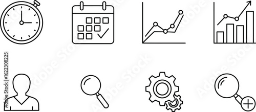 Set of business and strategy icons in line style includes clock, calendar, graph, avatar, magnifier and gear