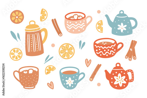 Cozy Warm Drinks Collection:  An inviting set of hand-drawn illustrations featuring mugs, teacups, teapots, and complementary ingredients, celebrating the warmth and comfort of hot beverages.