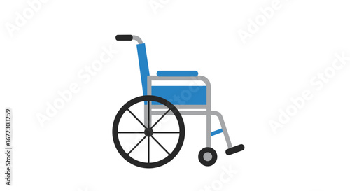 Blue and Gray Wheelchair with Black Wheels and Handles, Side View