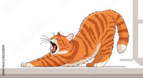 Cartoon Ginger Tabby Cat Stretching and Yawning by the Window in a Stylized Manner