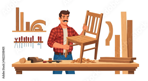 Artisan's Craft: A Focused Woodworker Assembling a Classic Wooden Chair with Dedication and Traditional Tools in a Workshop Setting